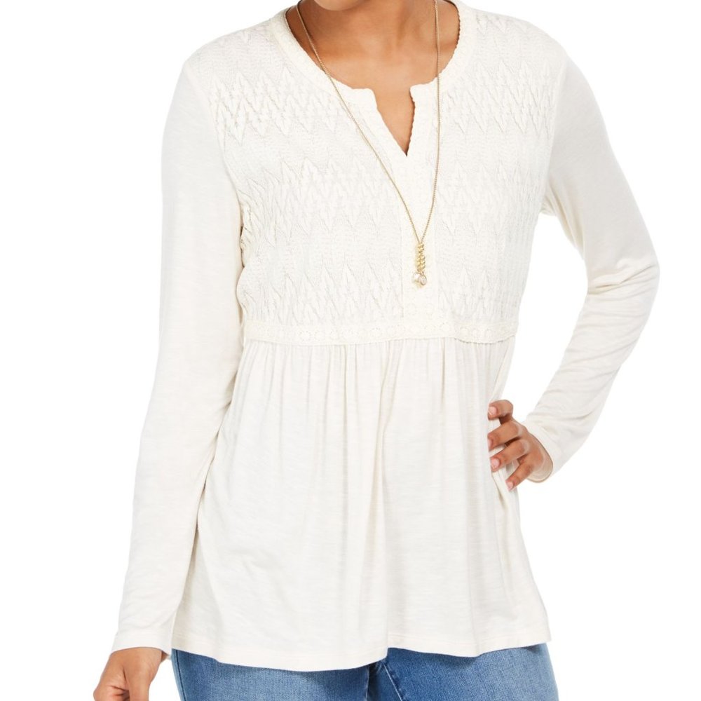 Style & Co Long Sleeve Lace-Front Draped Top Sz XL